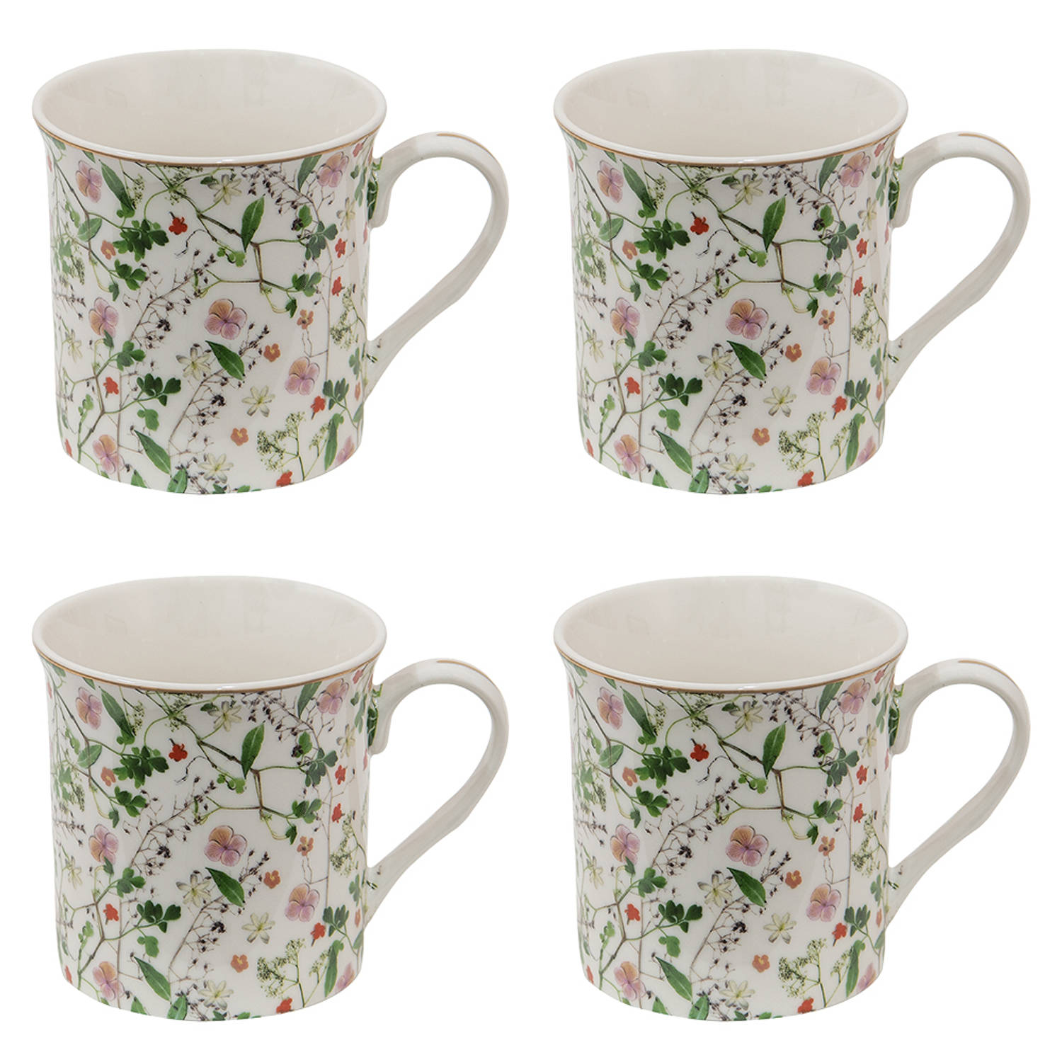 HAES DECO - Mokken set van 4 - formaat 12x8x9 cm / 330 ml - kleuren Groen / Roze / Wit - Bedrukt met Bloemen - Collectie: Flower Wreath - Mokkenset, Koffiemok, Koffiebeker