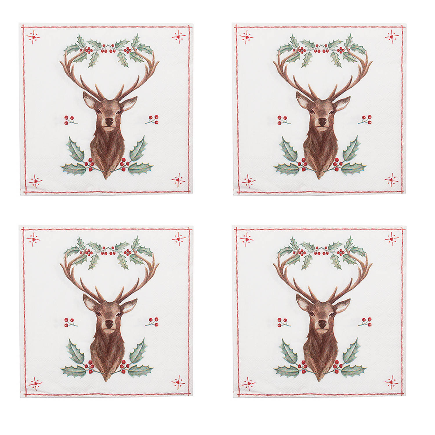 HAES DECO - Set van 4 Wegwerpservetten - formaat 33x33 cm (20 stuks in verpakking) - kleuren Wit / Rood / Bruin / Groen - van Papier - Collectie: Holly Christmas - Totaal 80 Servet