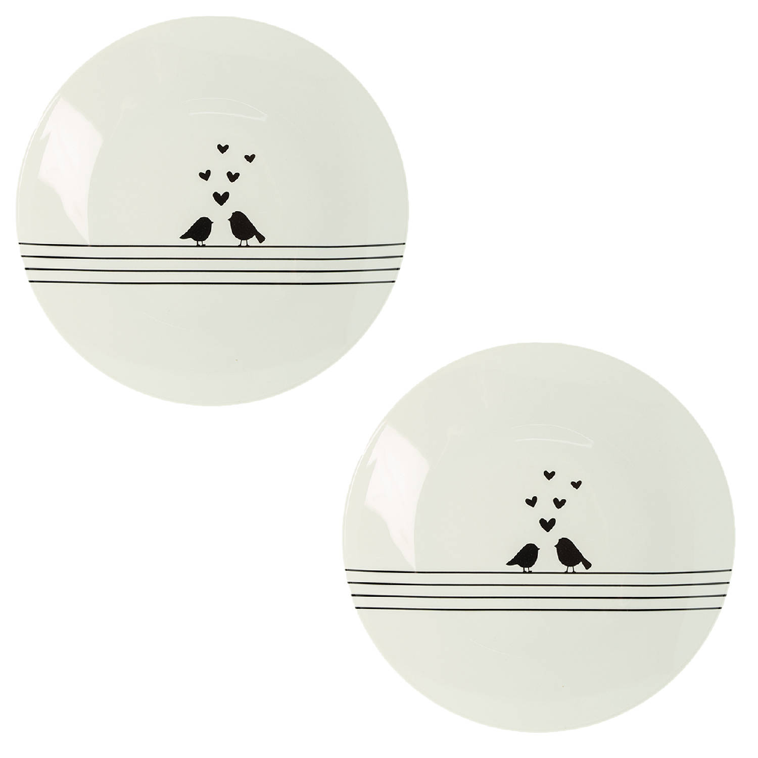 HAES DECO - Dinerborden set van 2 - Formaat Ø 26x2 cm - kleuren Wit|Zwart - Bedrukt Porselein - Collectie: Love Birds - Servies, grote borden
