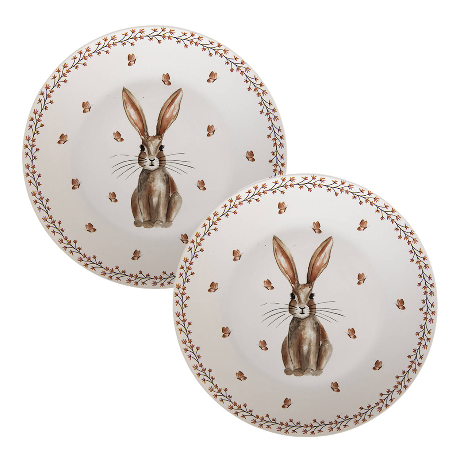 HAES DECO - Dinerborden set van 2 - Formaat Ø 26x2 cm - kleuren Bruin|Wit - Bedrukt Porselein - Collectie: Rustic Easter Bunny - Servies, grote borden