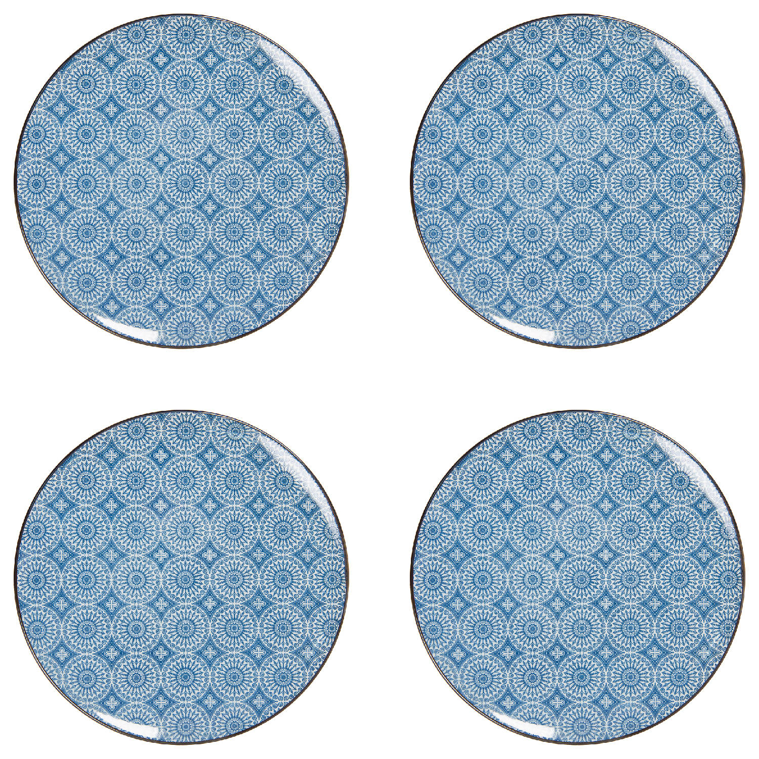 HAES DECO - Dinerborden set van 4 - Formaat Ø 26x2 cm - Kleur Blauw - Bedrukt Keramiek - Collectie: Crafted Grace - Servies, grote borden