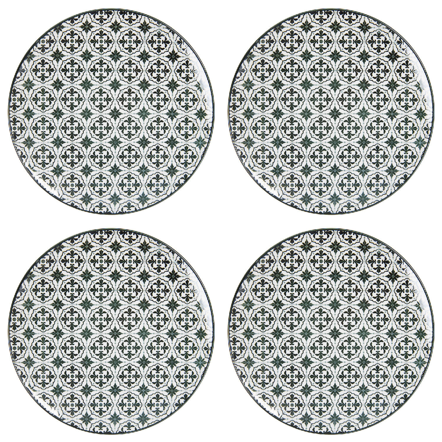 HAES DECO - Dinerborden set van 4 - Formaat Ø 26x2 cm - Kleur Groen - Bedrukt Keramiek - Collectie: Eastern Grace - Servies, grote borden