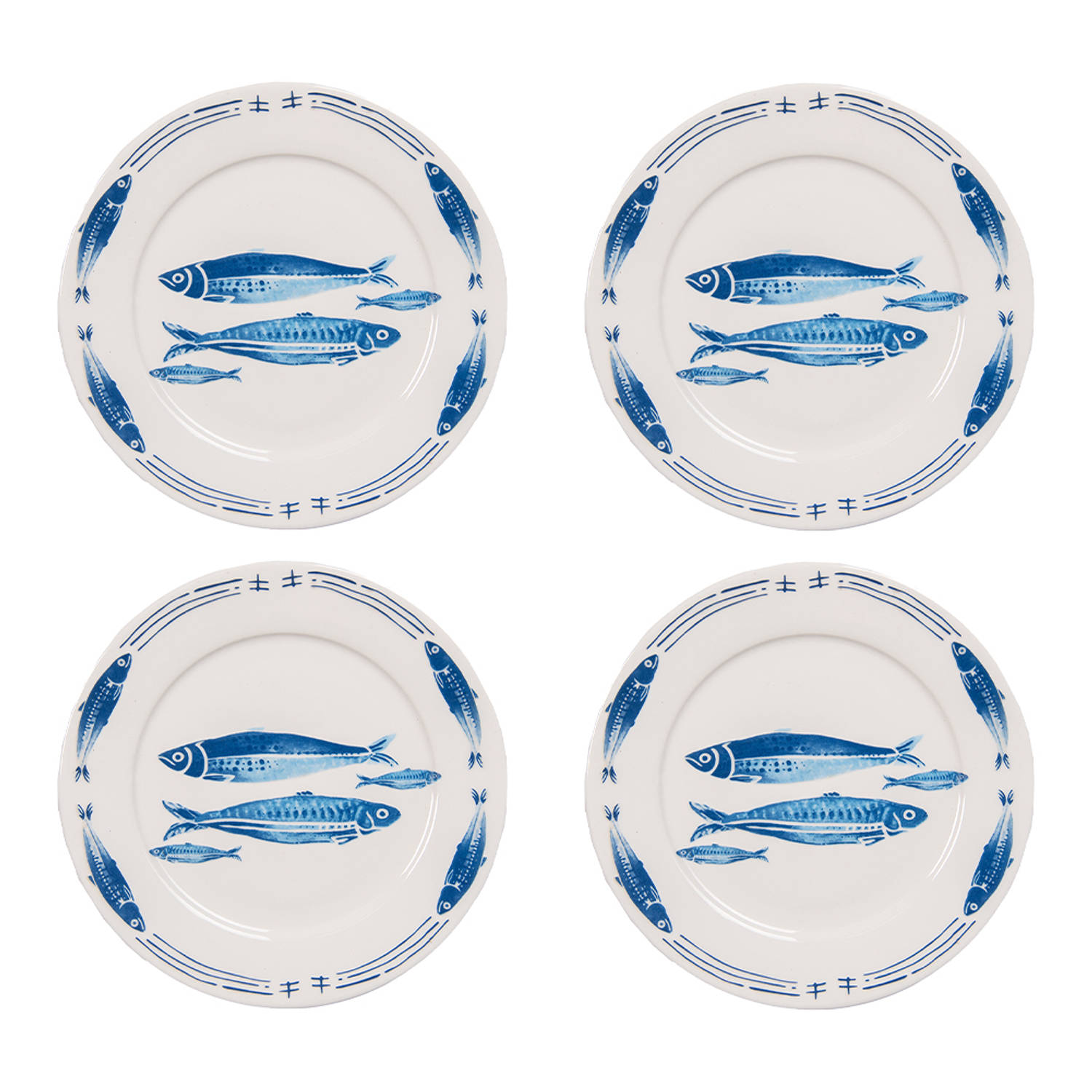 HAES DECO - Dinerborden set van 4 - Formaat Ø 26x2 cm - Kleur Wit - Bedrukt Porselein - Collectie: Fishy Blue - Servies, grote borden