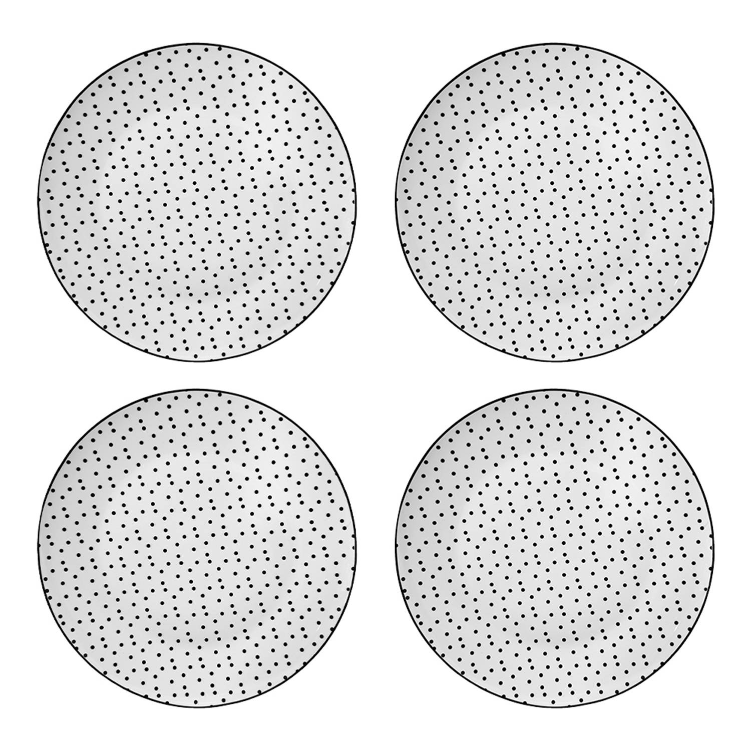 HAES DECO - Dinerborden set van 4 - Formaat Ø 26x2 cm - Kleur Wit - Bedrukt Porselein - Collectie: Small Dots - Servies, grote borden