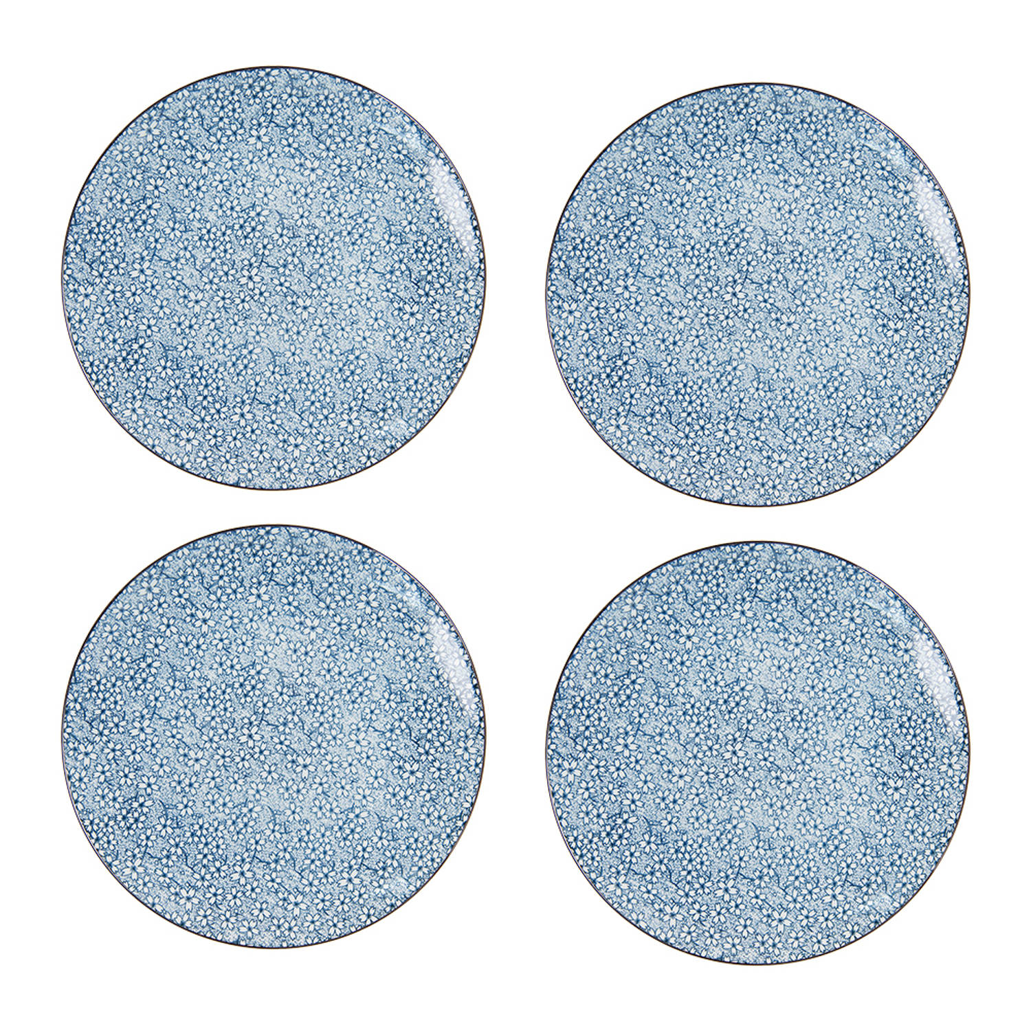HAES DECO - Dinerborden set van 4 - Formaat Ø 26x2 cm - Kleur Blauw - Bedrukt Keramiek - Collectie: Tiny Flowers - Servies, grote borden