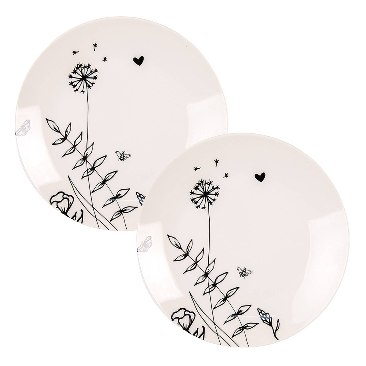 HAES DECO - Set van 2 Ontbijtborden - formaat Ø 20x2 cm - kleuren Zwart / Beige - Bedrukt Porselein - Collectie: Flora and Fauna - Ontbijtbord, klein bord