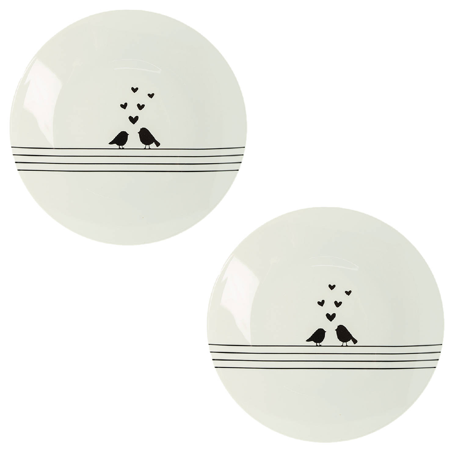 HAES DECO - Set van 2 Ontbijtborden - formaat Ø 20x2 cm - kleuren Wit / Zwart - Bedrukt Porselein - Collectie: Love Birds - Ontbijtbord, klein bord