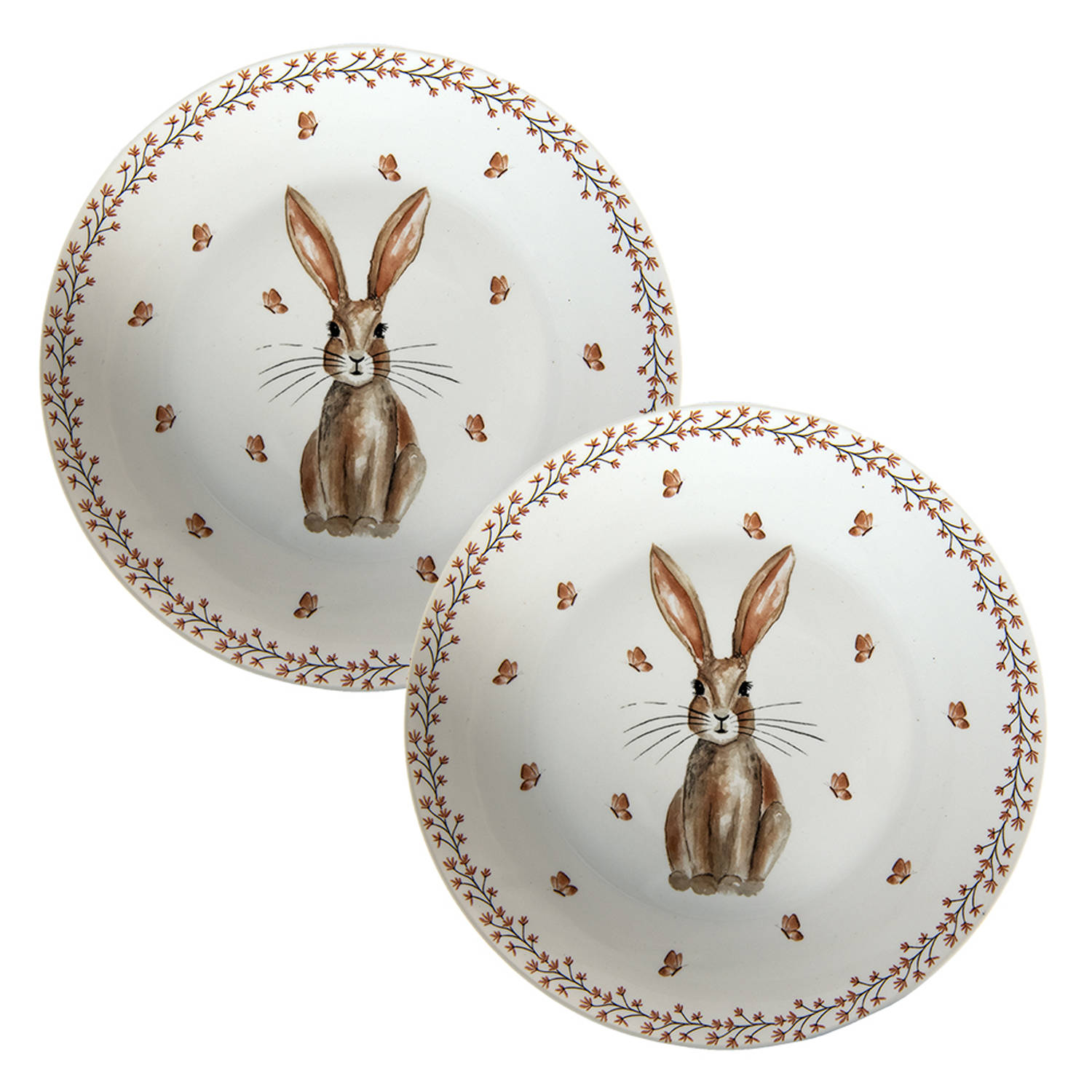 HAES DECO - Set van 2 Ontbijtborden - formaat Ø 20x2 cm - kleuren Bruin / Wit - Bedrukt Porselein - Collectie: Rustic Easter Bunny - Ontbijtbord, klein bord