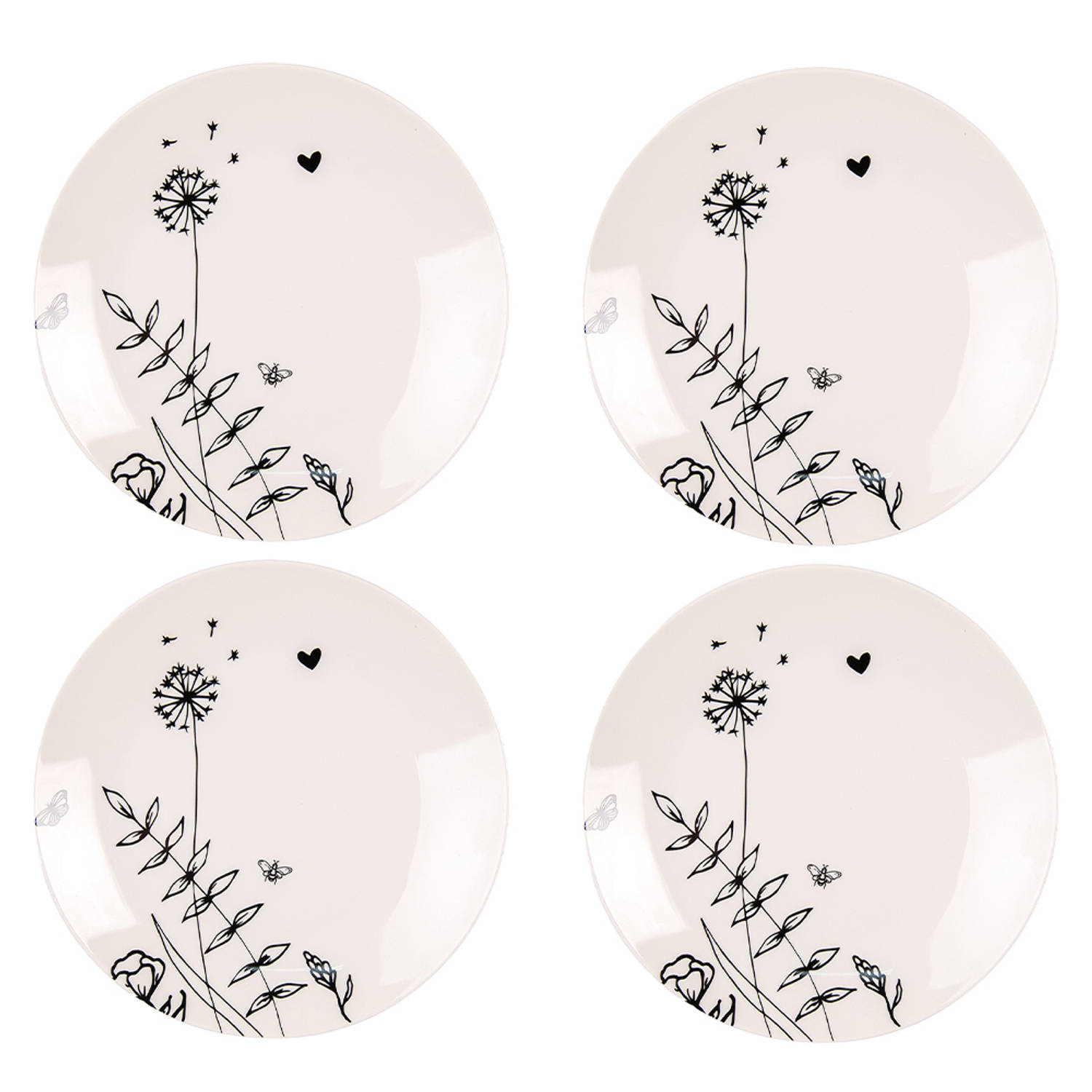 HAES DECO - Ontbijtborden set van 4 - Formaat Ø 20x2 cm - kleuren Beige - Bedrukt Porselein - Collectie: Flora and Fauna - Servies, kleine borden