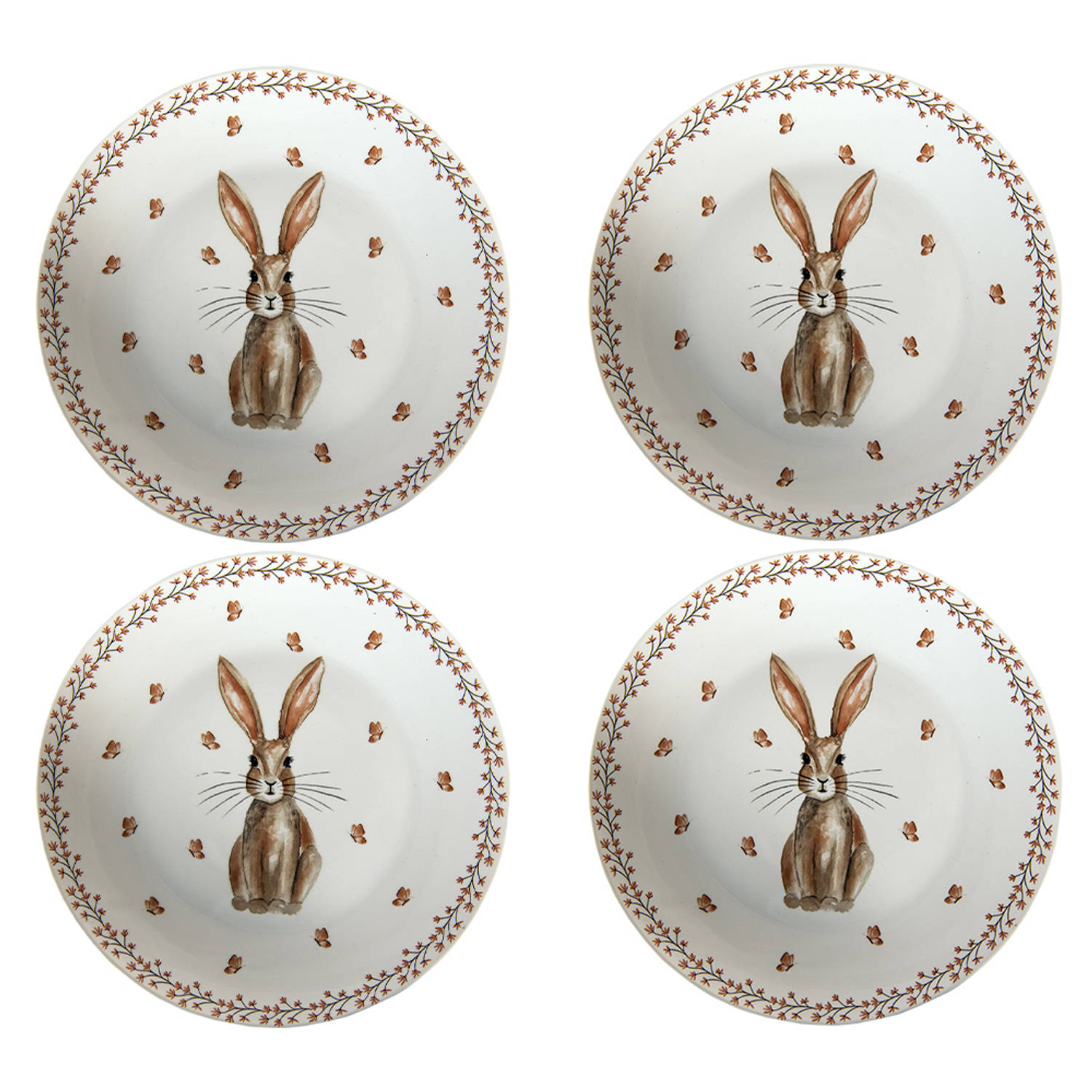 HAES DECO - Ontbijtborden set van 4 - Formaat Ø 20x2 cm - kleuren Beige - Bedrukt Porselein - Collectie: Rustic Easter Bunny - Servies, kleine borden