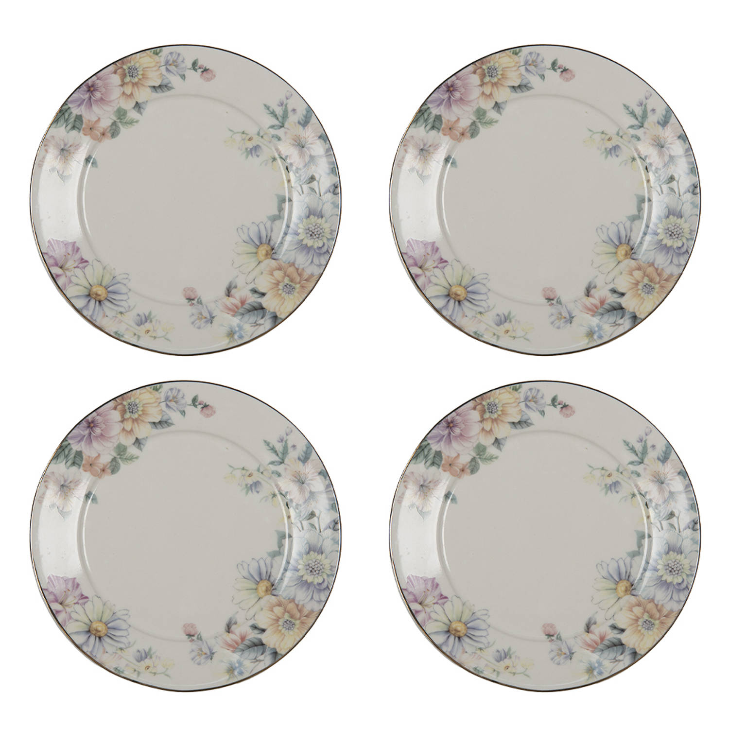 HAES DECO - Ontbijtborden set van 4 - Formaat Ø 20x2 cm - kleuren Beige - Bedrukt Porselein - Collectie: Flowers - Servies, kleine borden
