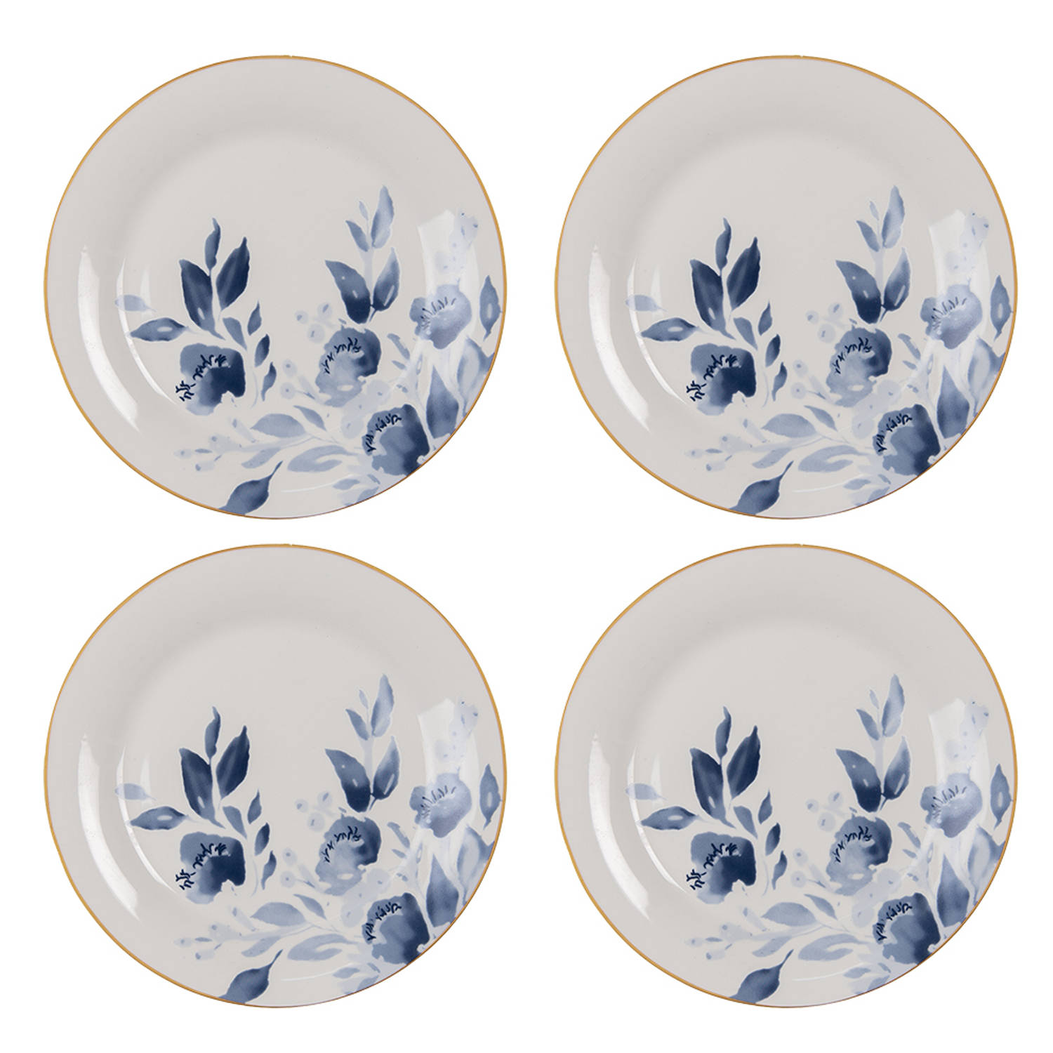 HAES DECO - Ontbijtborden set van 4 - Formaat Ø 20x2 cm - kleuren Blauw - Bedrukt Porselein - Collectie: Keramiek - Servies, kleine borden