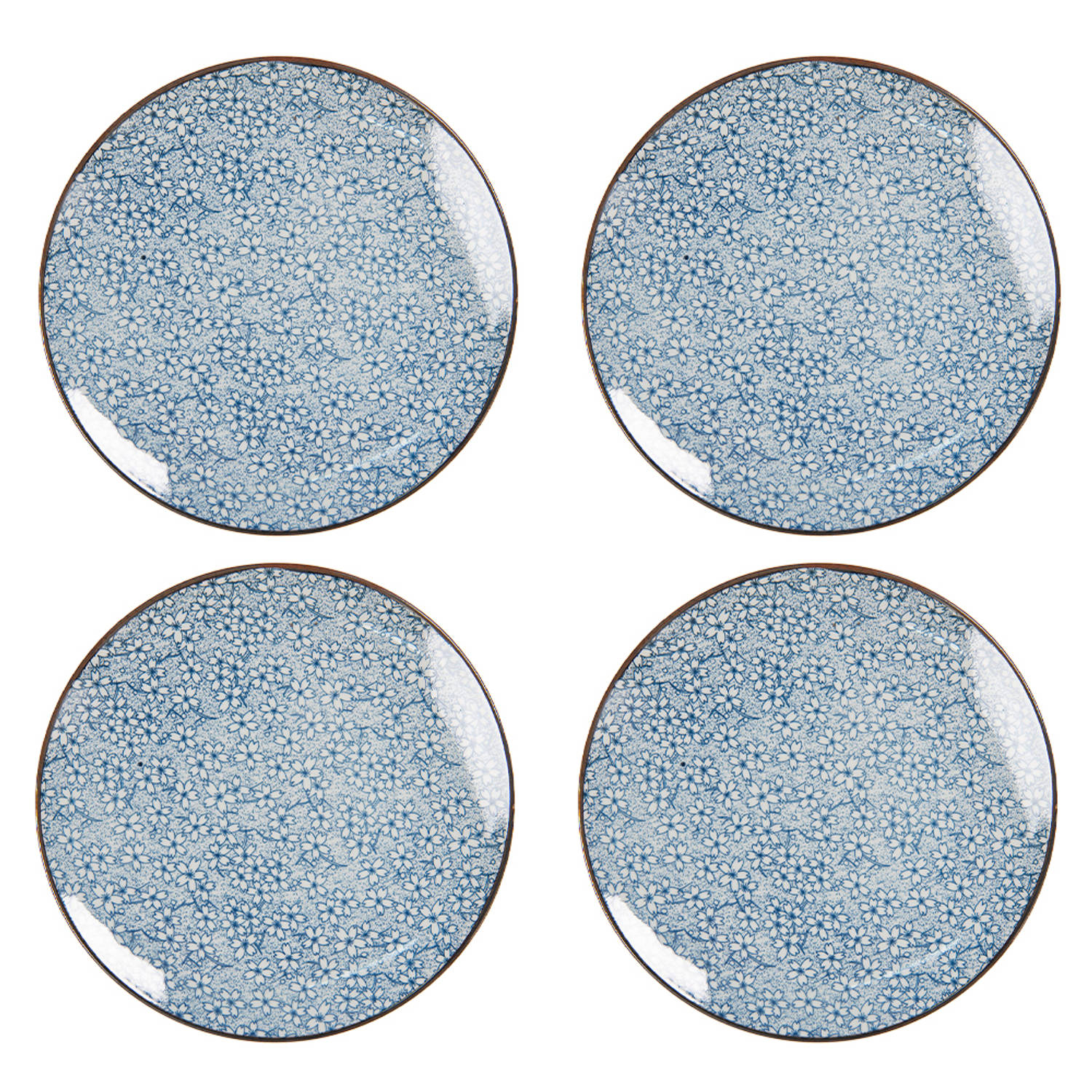 HAES DECO - Ontbijtborden set van 4 - Formaat Ø 21 cm - kleuren Blauw - Bedrukt Porselein - Collectie: Tiny Flowers - Servies, kleine borden