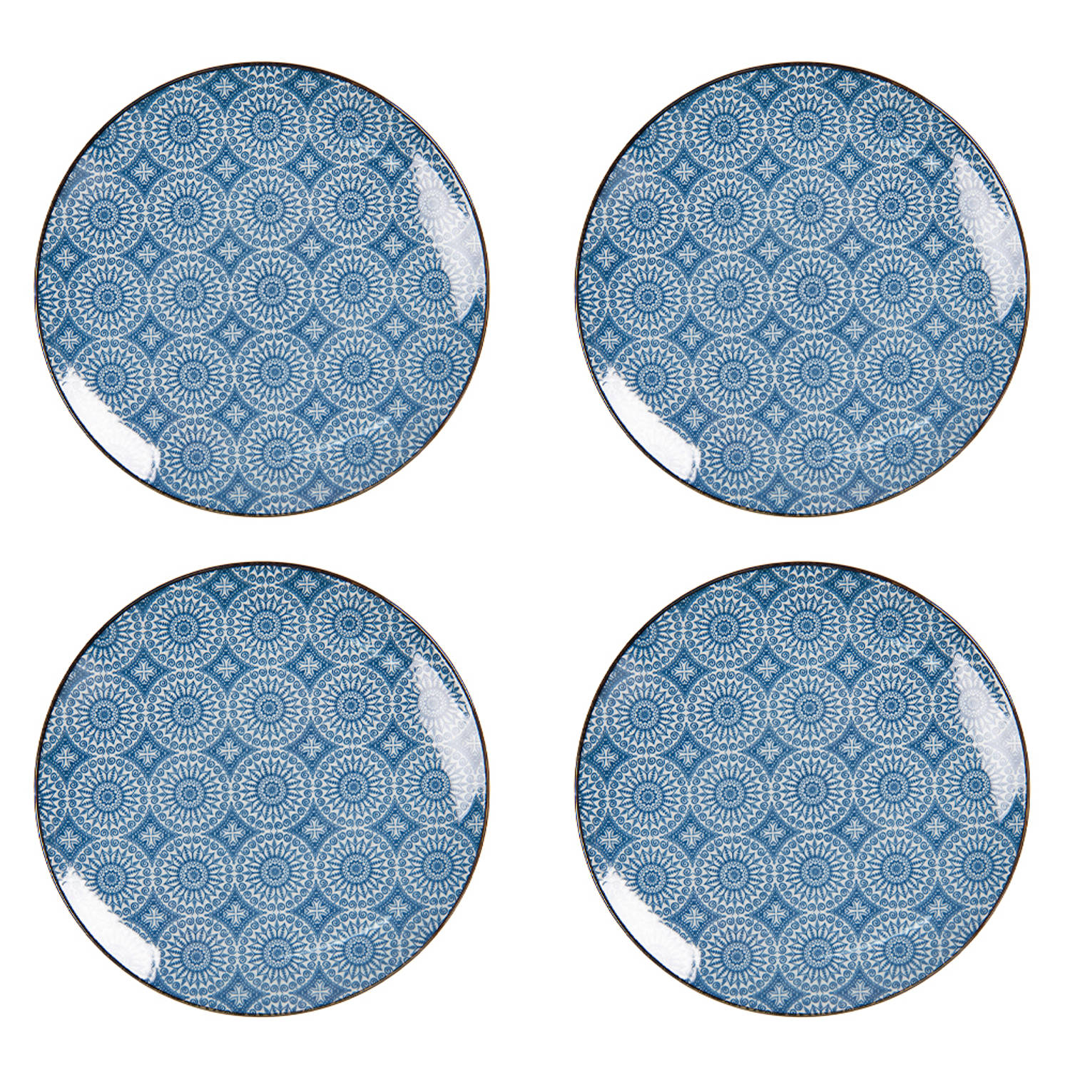 HAES DECO - Ontbijtborden set van 4 - Formaat Ø 21x1 cm - kleuren Blauw - Bedrukt Aardewerk - Collectie: Crafted Grace - Servies, kleine borden