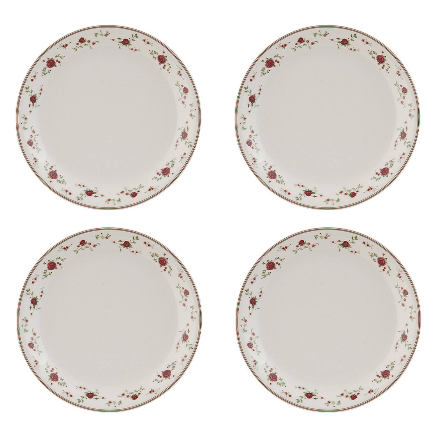 HAES DECO - Ontbijtborden set van 4 - Formaat Ø 20x2 cm - kleuren Beige - Bedrukt Porselein - Collectie: La Petite Rose - Servies, kleine borden