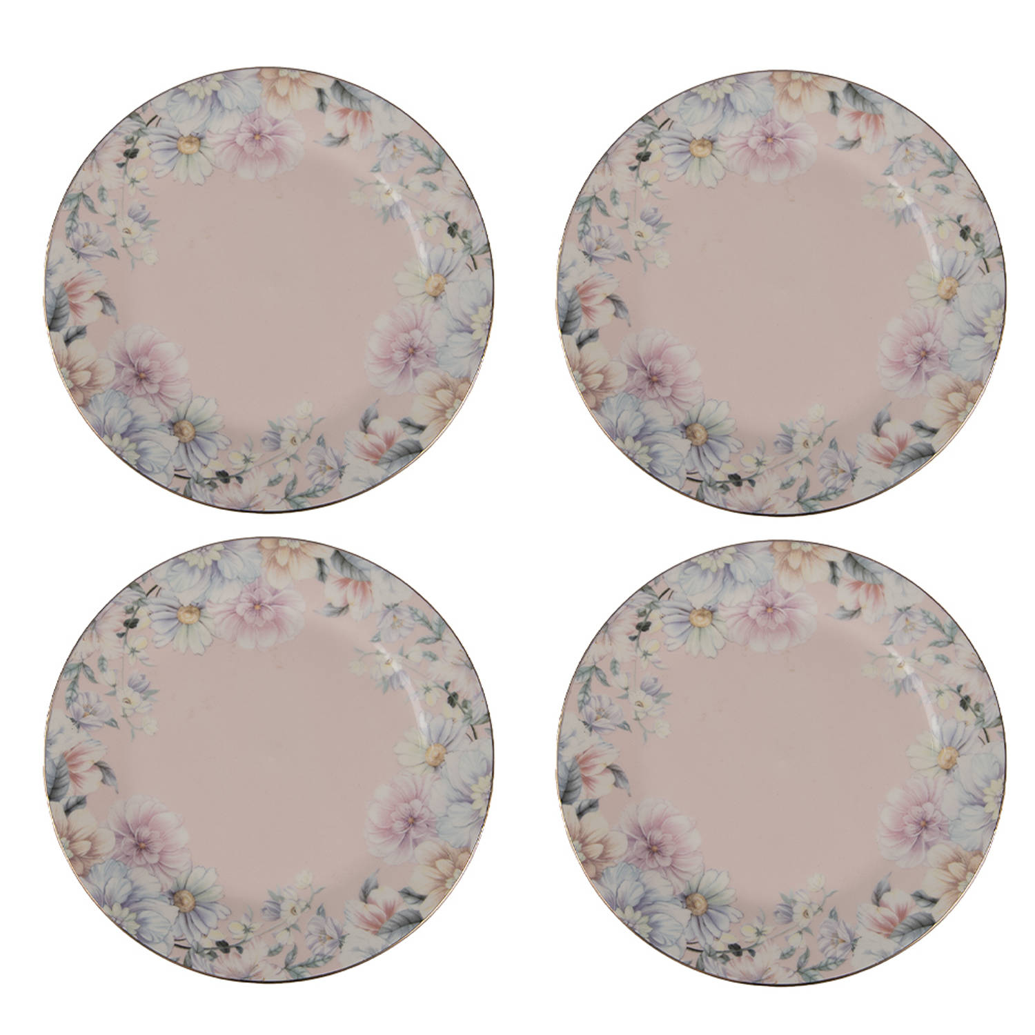 HAES DECO - Ontbijtborden set van 4 - Formaat Ø 18x2 cm - kleuren Roze - Bedrukt Porselein - Collectie: Flowers - Servies, kleine borden