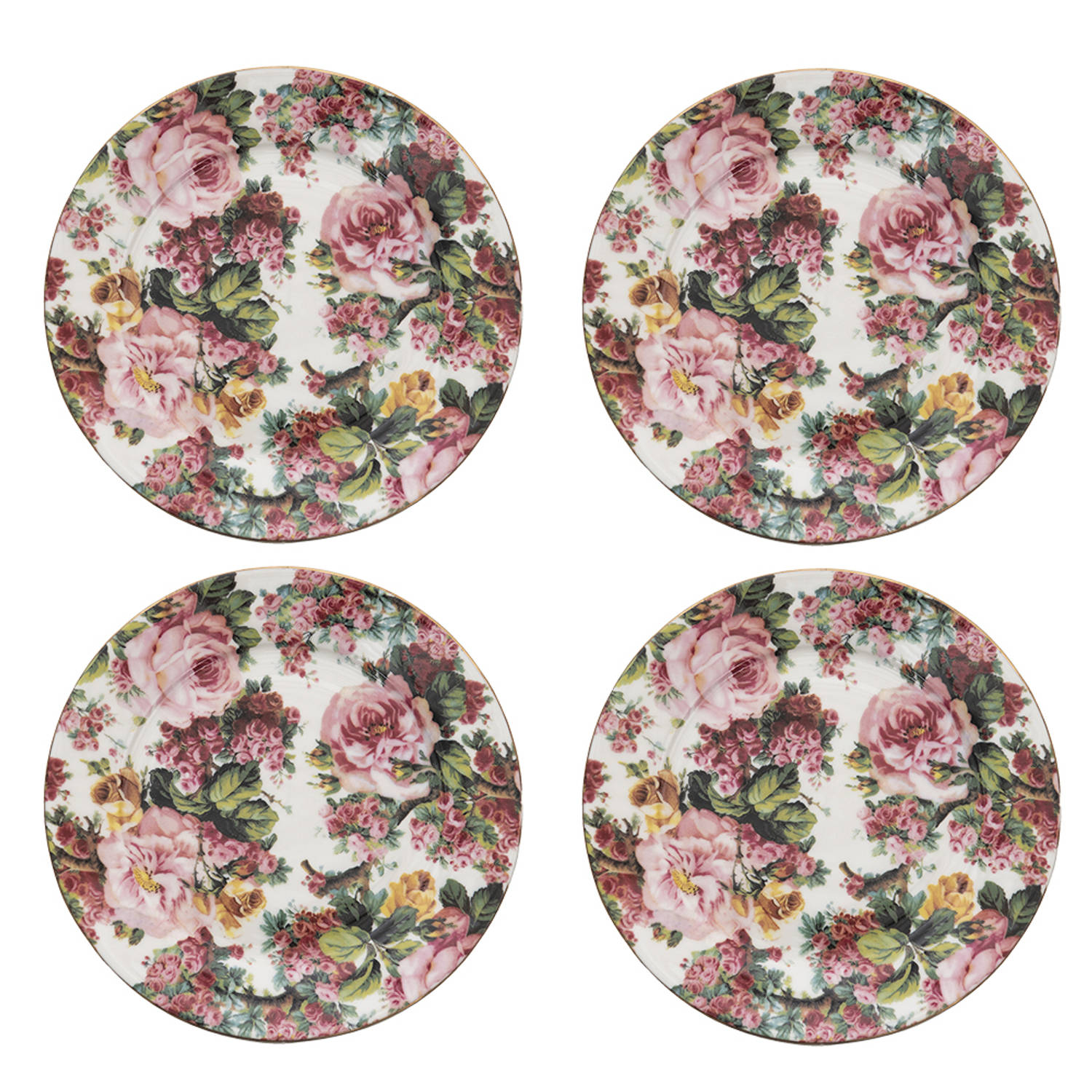 HAES DECO - Ontbijtborden set van 4 - Formaat Ø 21x2 cm - kleuren Roze - Bedrukt Porselein - Collectie: Pink flowers - Servies, kleine borden