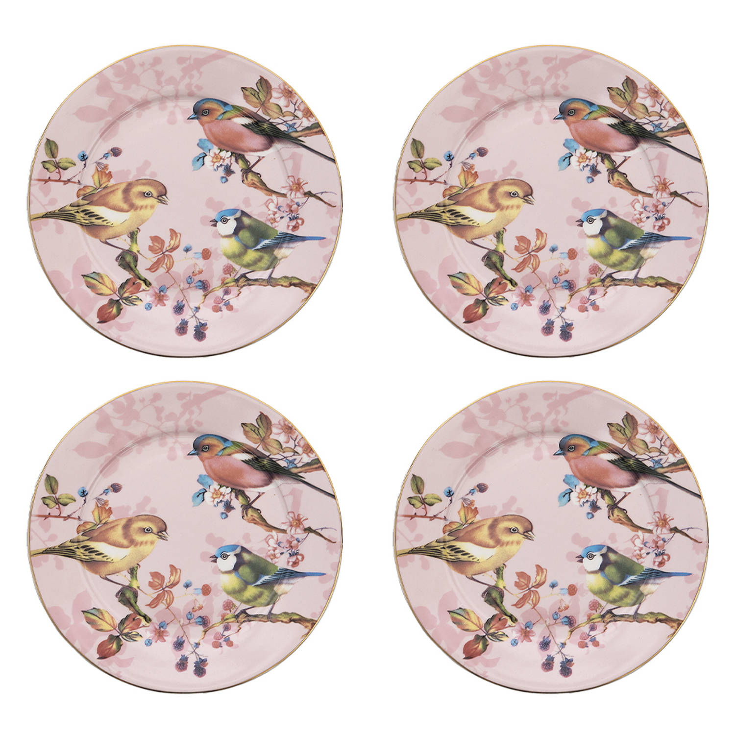 HAES DECO - Ontbijtborden set van 4 - Formaat Ø 21x2 cm - kleuren Roze - Bedrukt Porselein - Collectie: Three birds - Servies, kleine borden