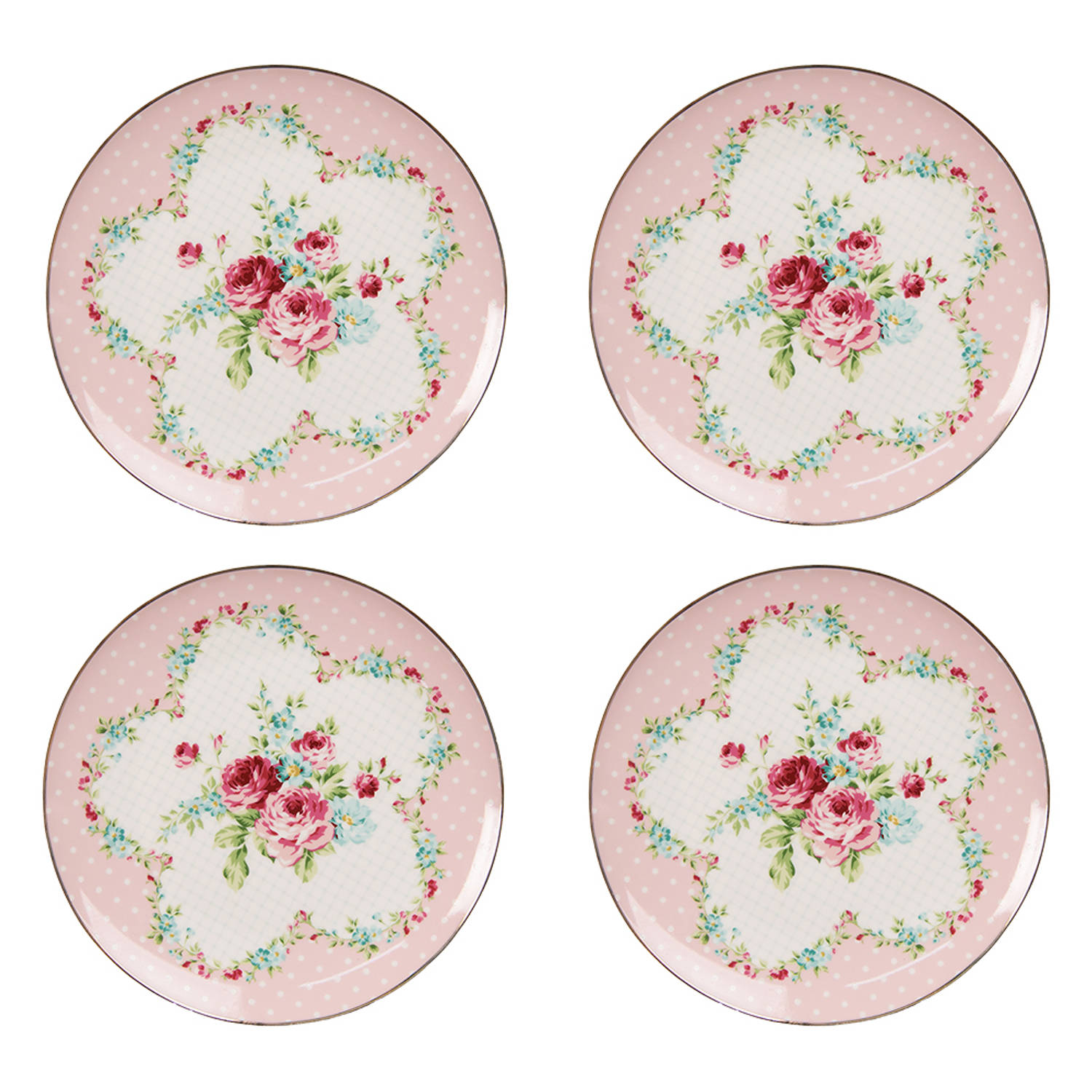 HAES DECO - Ontbijtborden set van 4 - Formaat Ø 21x2 cm - kleuren Roze - Bedrukt Porselein - Collectie: Pink Elegance - Servies, kleine borden