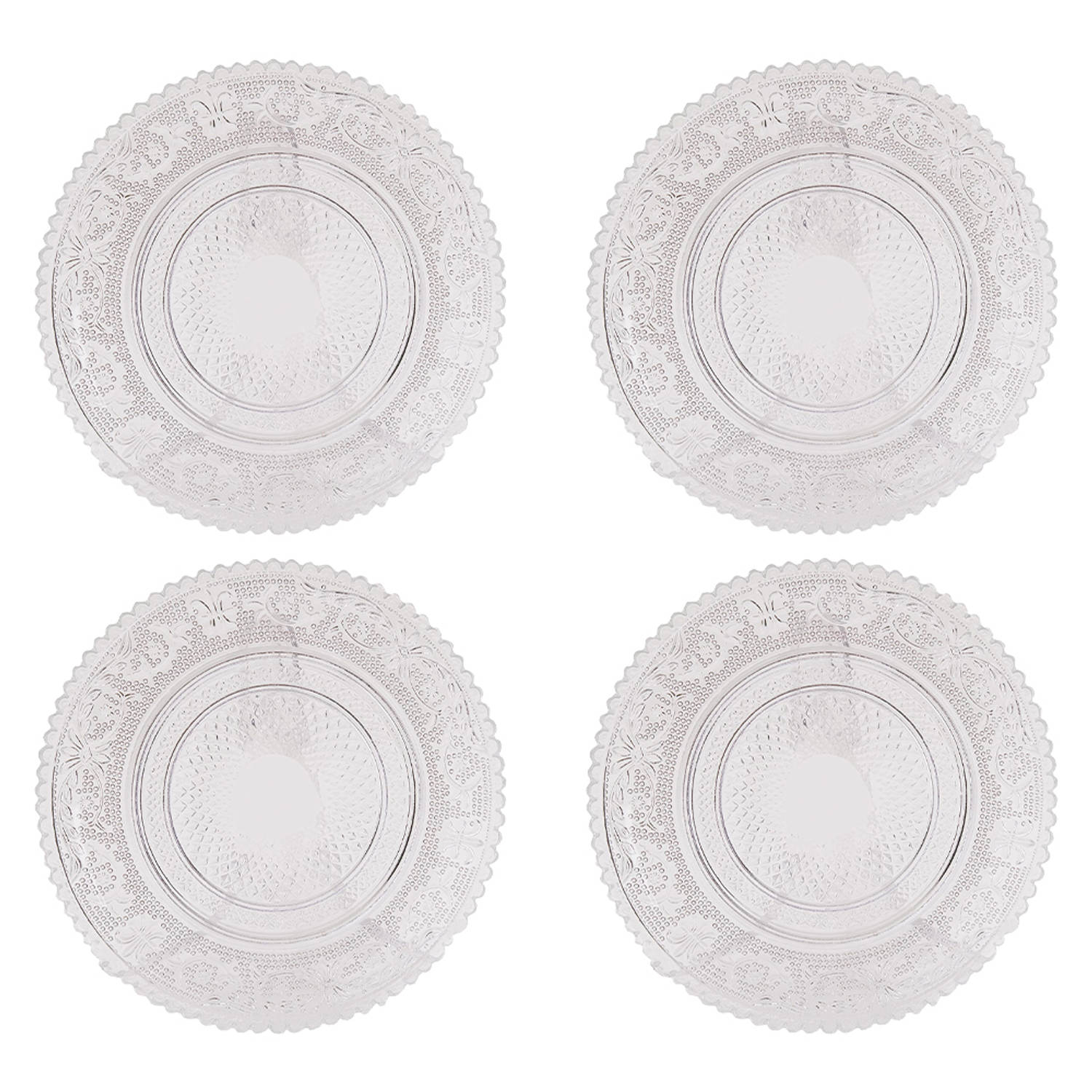 HAES DECO - Ontbijtborden set van 4 - Formaat Ø 15x1 cm - kleuren Transparant - Bedrukt Glas - Collectie: Grandmother's Love - Servies, kleine borden