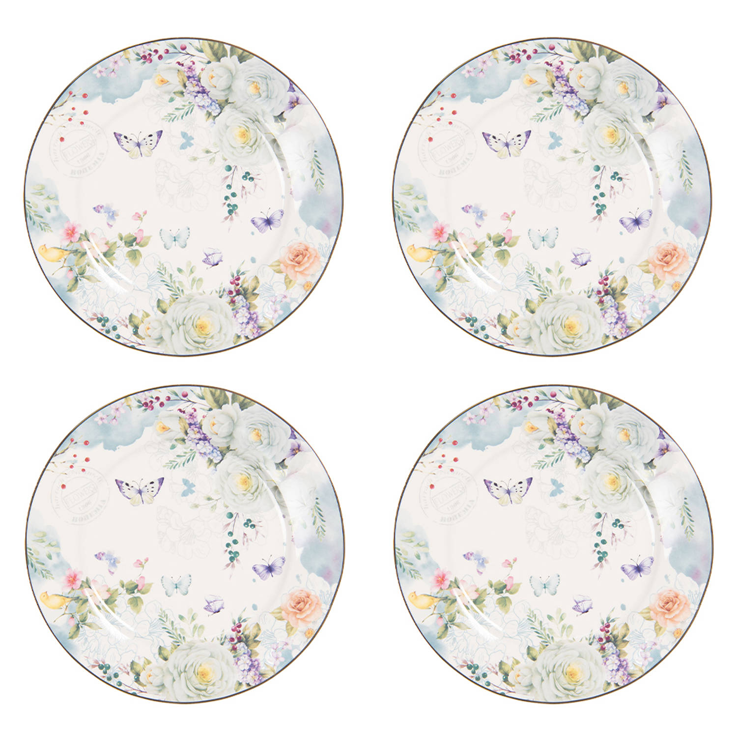 HAES DECO - Ontbijtborden set van 4 - Formaat Ø 19x2 cm - kleuren Wit - Bedrukt Porselein - Collectie: Butterfly - Servies, kleine borden