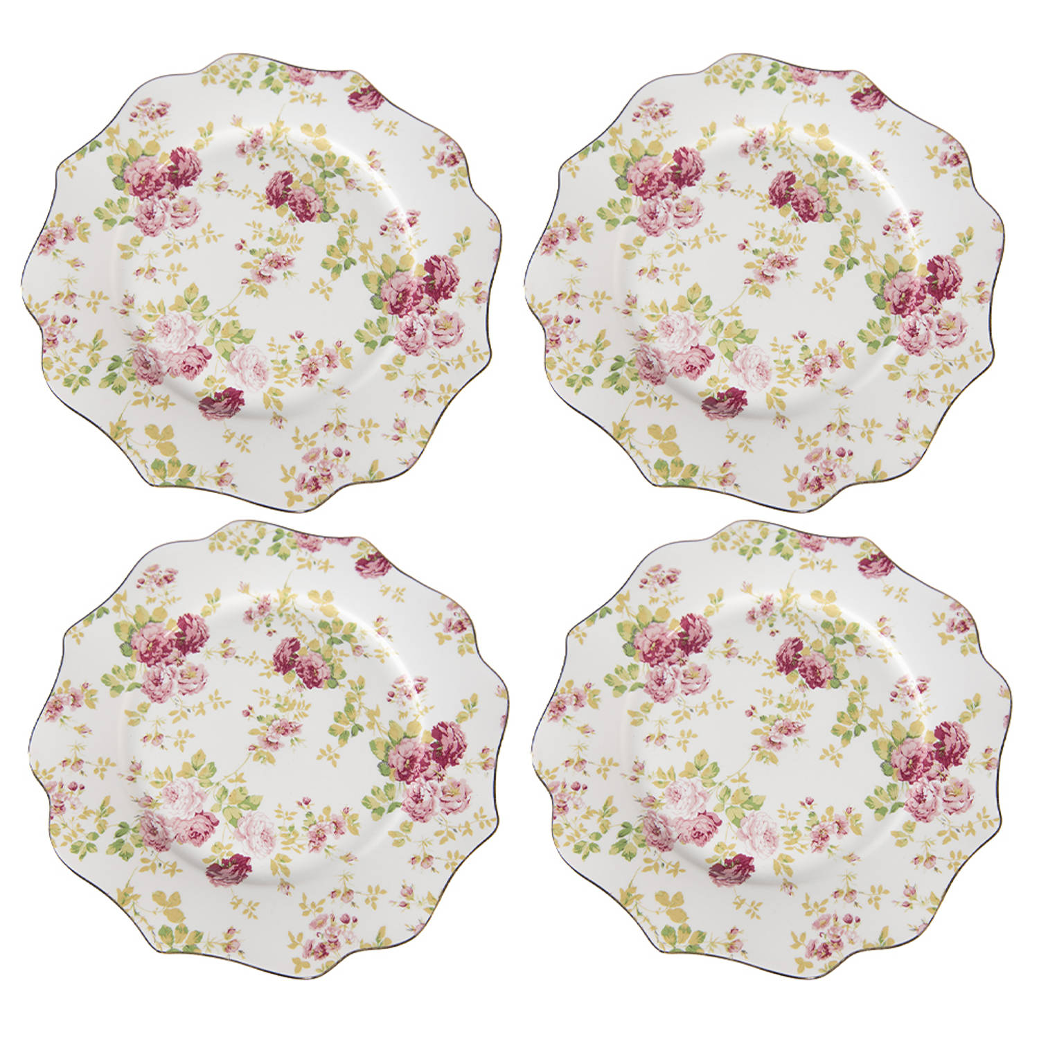 HAES DECO - Ontbijtborden set van 4 - Formaat Ø 21x2 cm - kleuren Wit - Bedrukt Aardewerk - Collectie: Soulful Wildflower - Servies, kleine borden