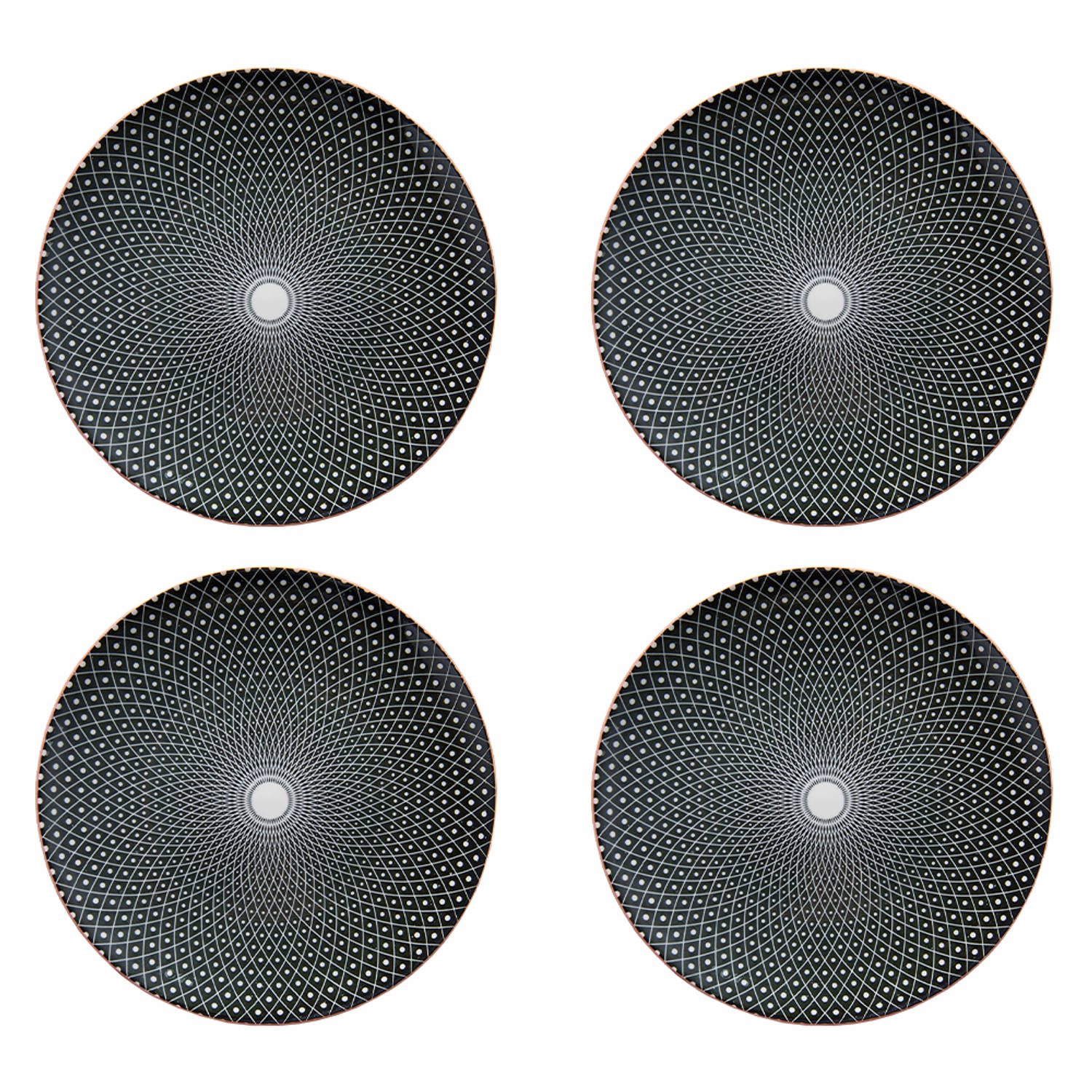 HAES DECO - Ontbijtborden set van 4 - Formaat Ø 21x1 cm - kleuren Zwart - Bedrukt Aardewerk - Collectie: Black Spiral - Servies, kleine borden