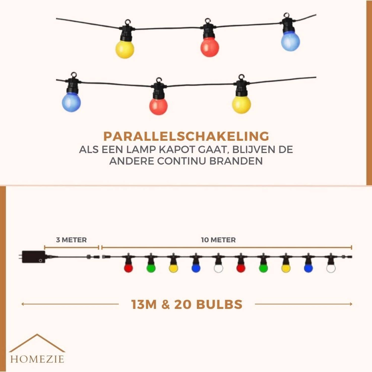 Homezie Lichtsnoer 13 Meter Met 20 LED Bulbs RGB Waterdicht Koppelbaar ...