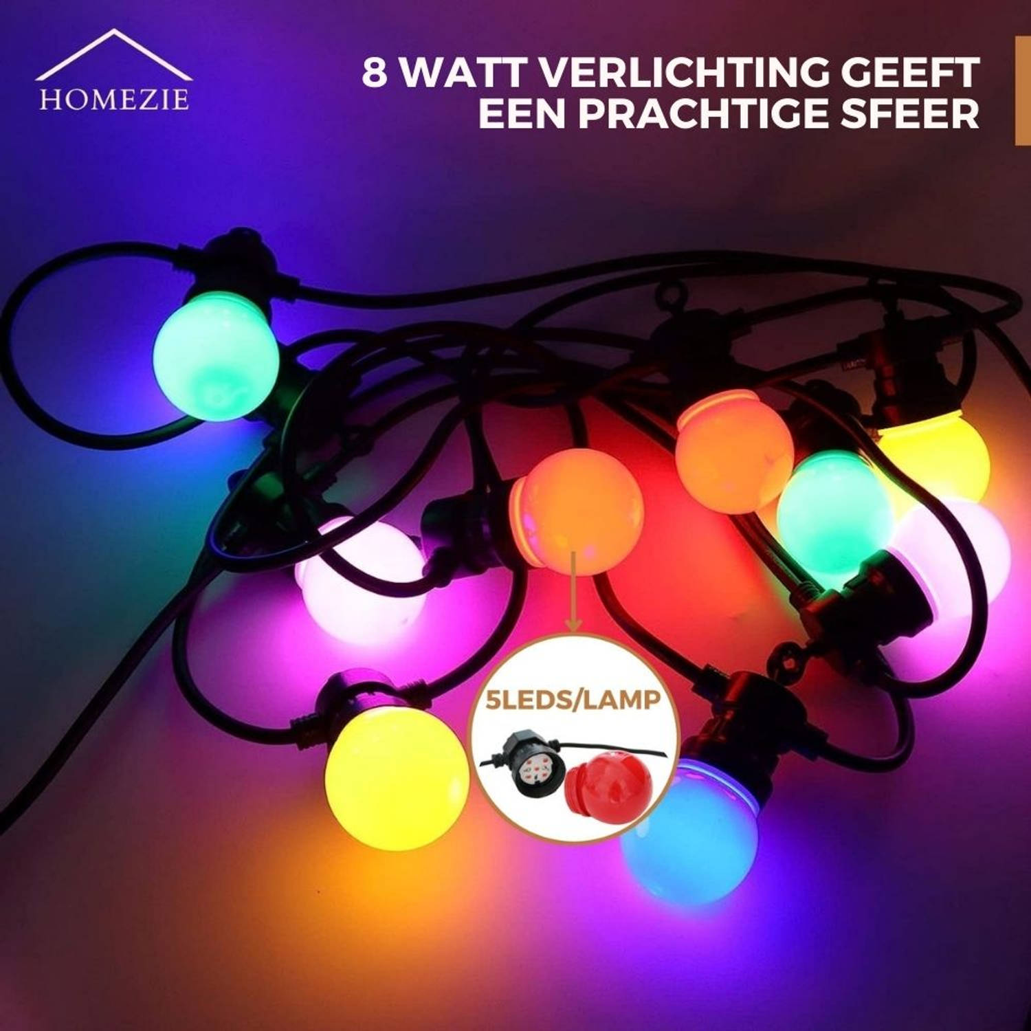 Homezie Lichtsnoer 13 Meter Met 20 LED Bulbs RGB Waterdicht Koppelbaar ...