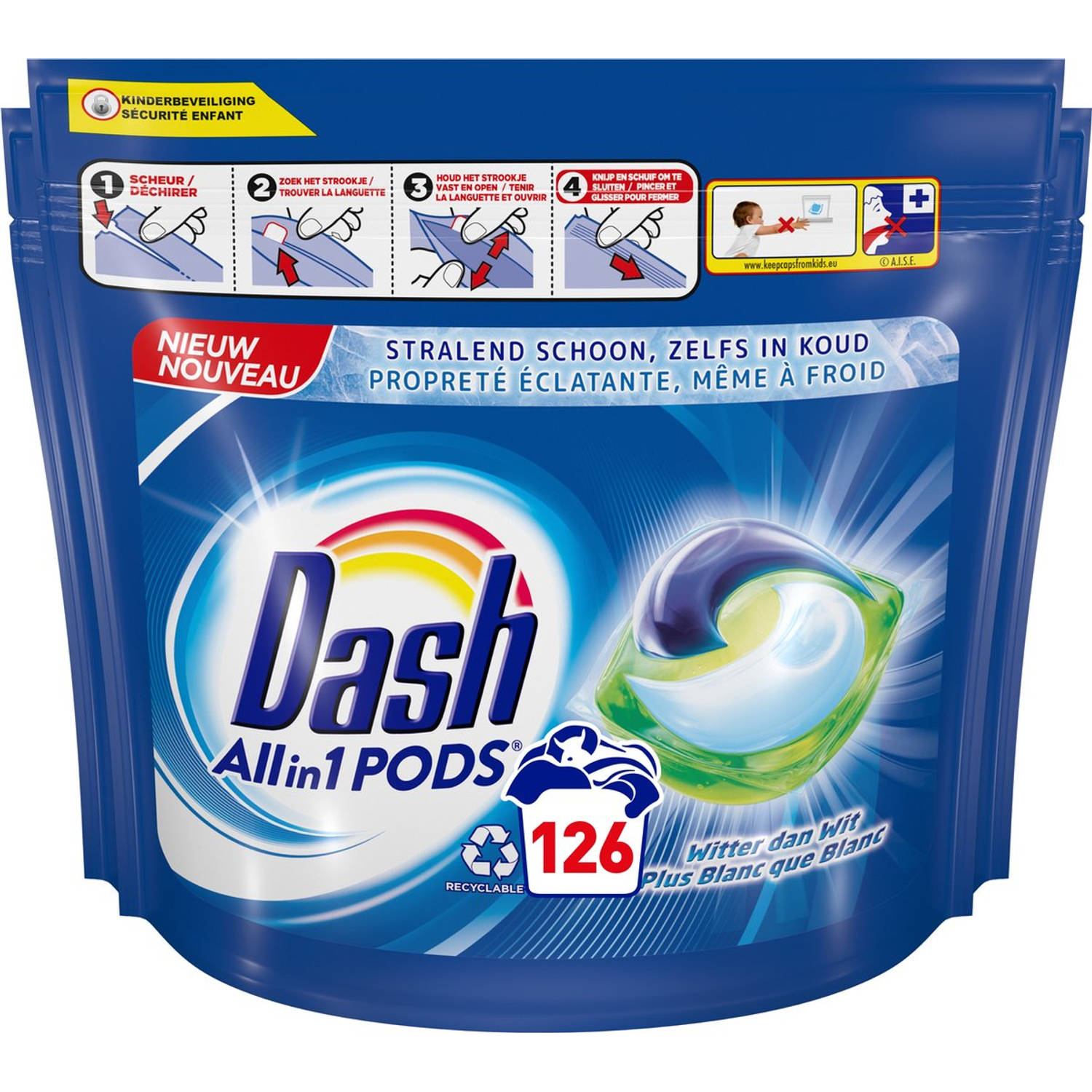 Dash All in 1 Wasmiddel Pods Wascapsules Witter Dan Wit Voordeelverpakking 3 x 42 Wasbeurten