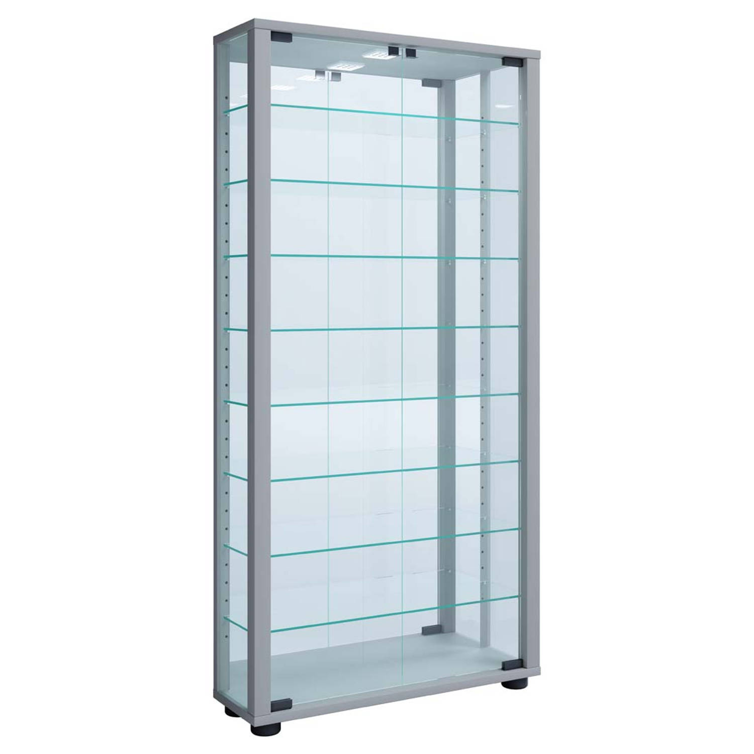 LumoMaxi vitrinekast met spiegel 2 glazen deuren Incl. LED-verlichting zilverkleurig.