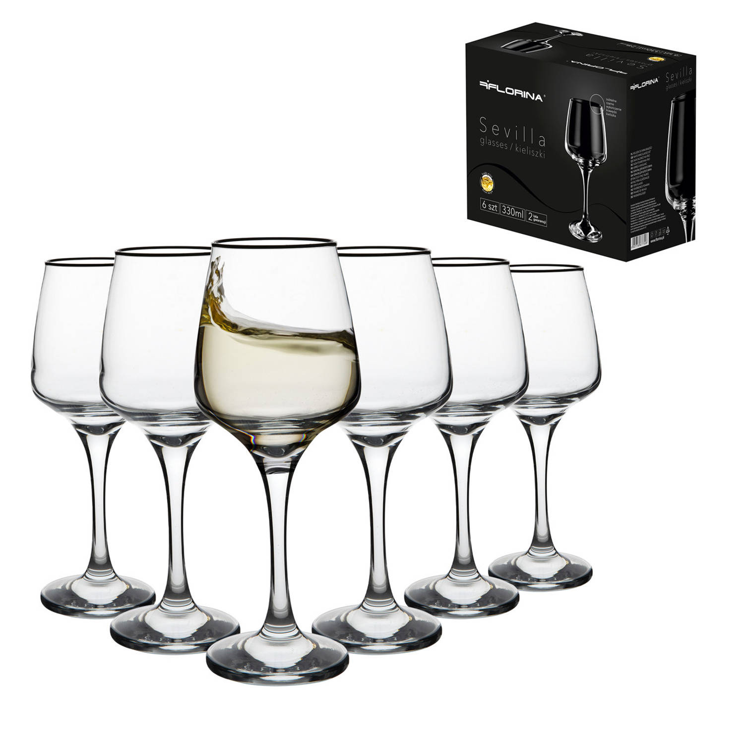Florina Sevilla 6 exclusieve witte wijnglazen met zwarte onyx rand 330ml Wijnglas Premium glazen