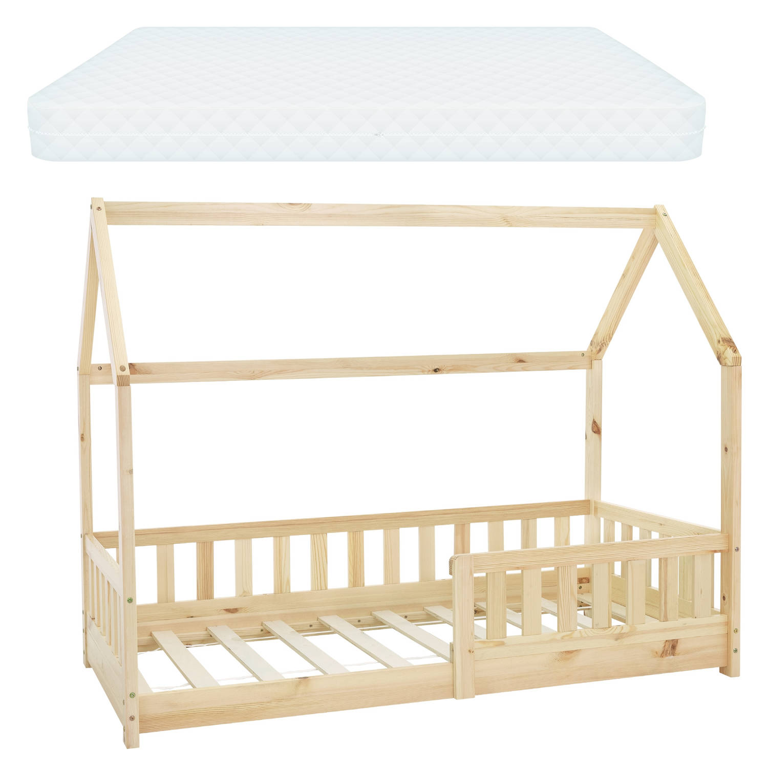 Kinderbed met bescherming tegen uitvallen lattenbodem en dak 80x160 cm Natuurlijk dennenhout ML-Design