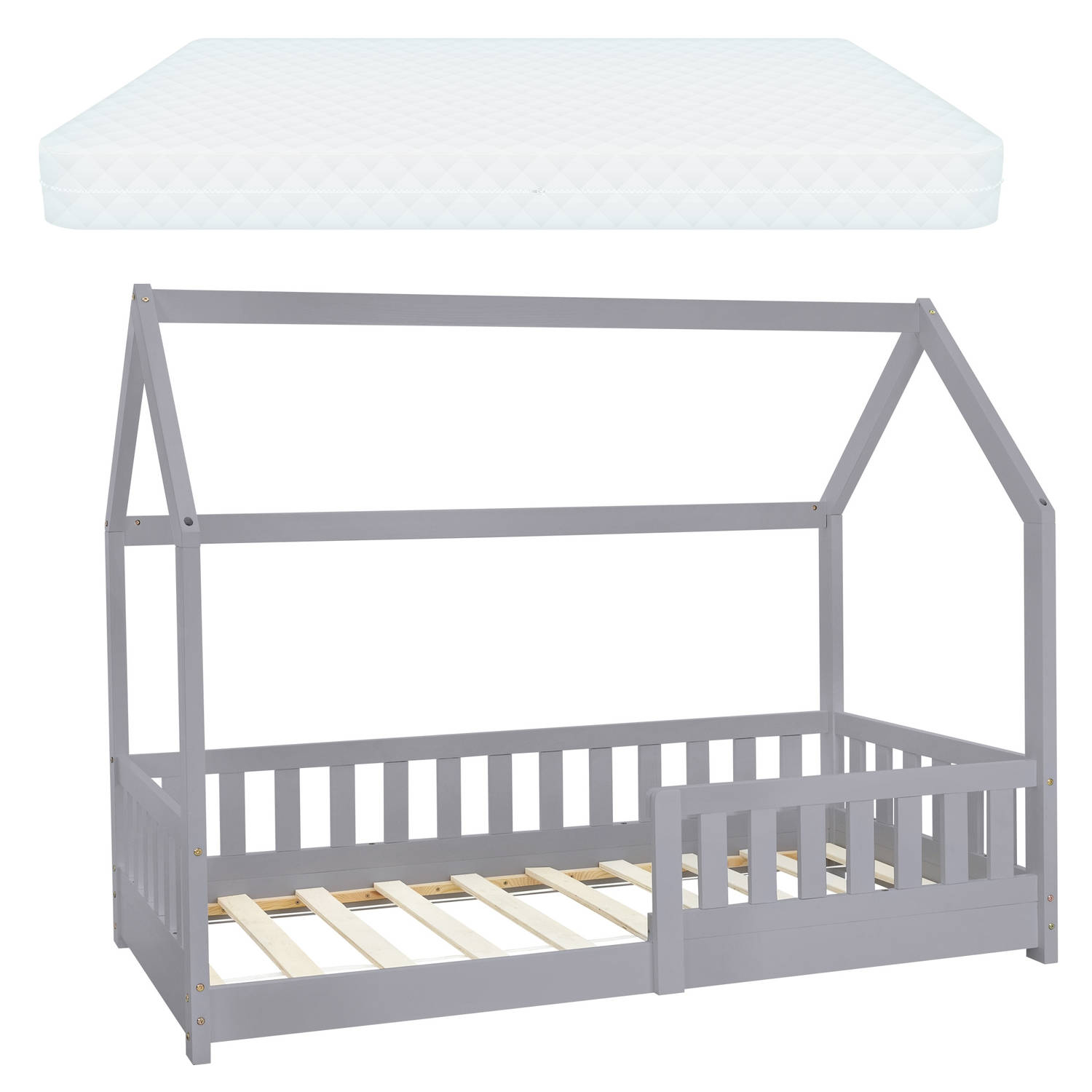 Kinderbed met uitvalbeveiliging lattenbodem en dak 80x160 cm Lichtgrijs grenenhout ML-Design