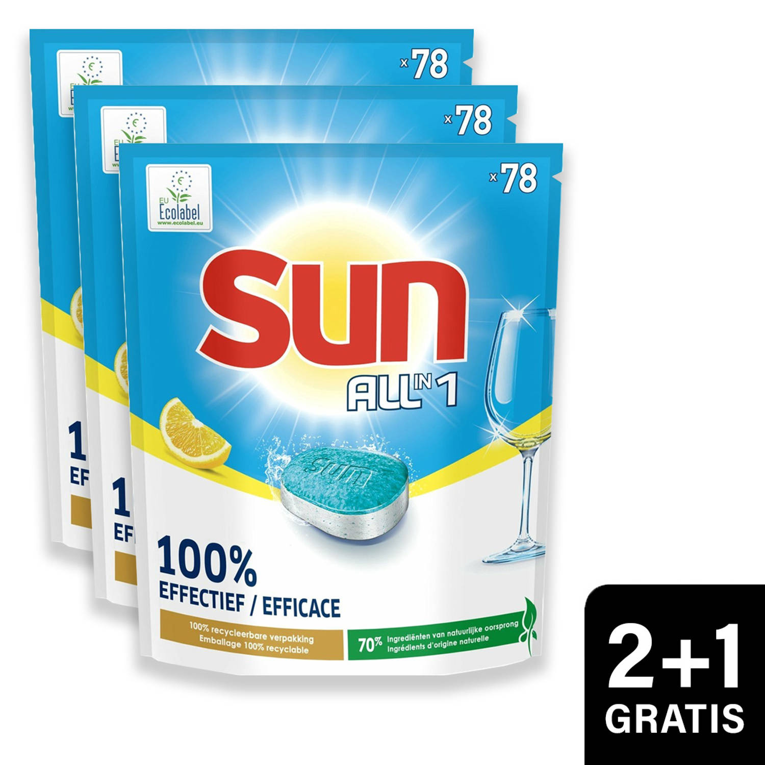 Sun All In One - Vaatwastabletten - Citroen - Voordeelverpakking 3 x 78 stuks - 2+1