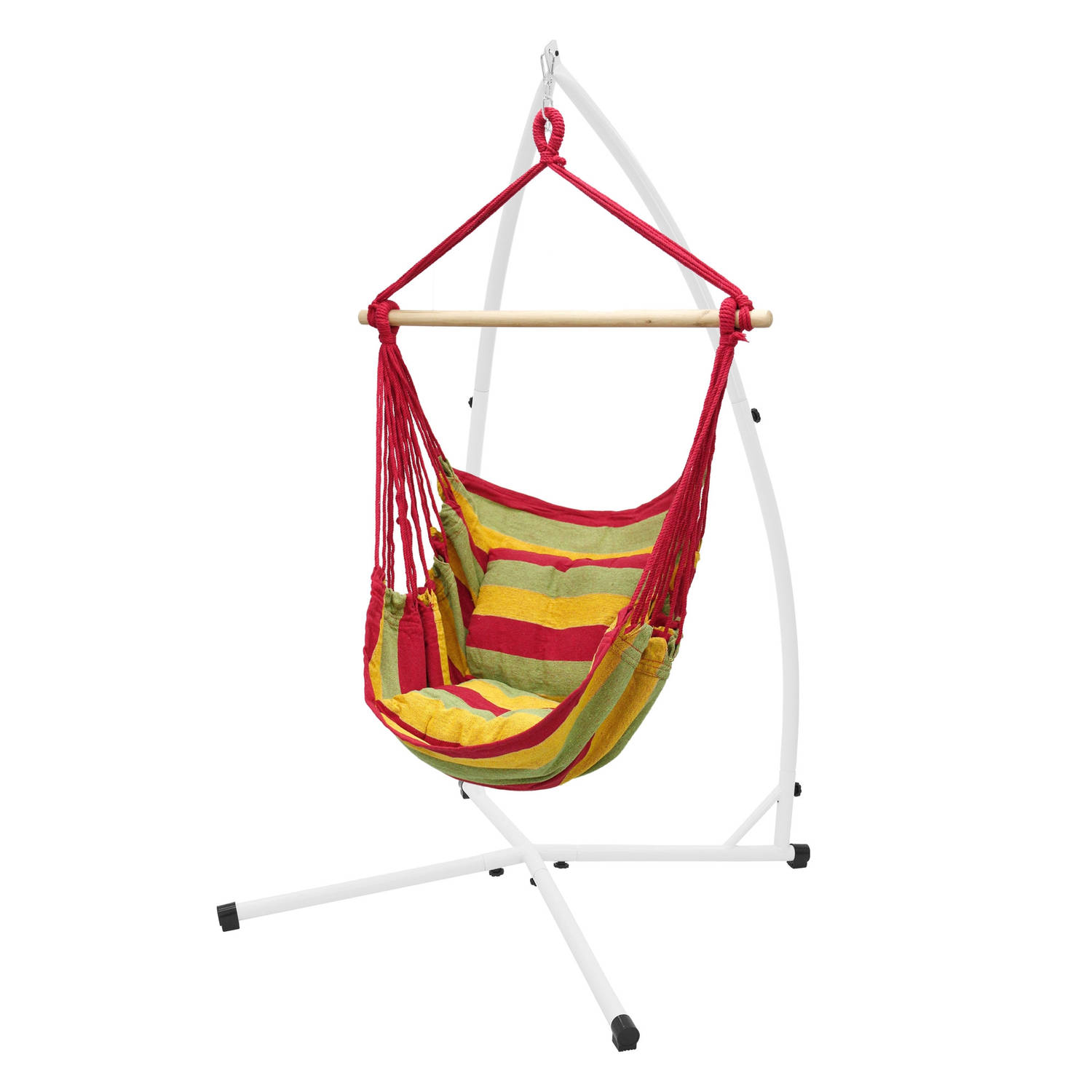 Hangstoel van katoen/hard hout, rood/groen/geel, belastbaar tot 120 kg met metalen frame 210 cm incl. twee kussens
