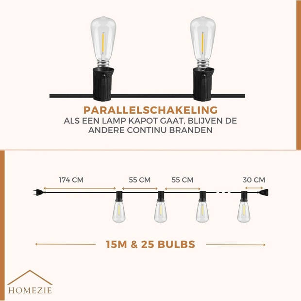 Homezie Lichtsnoer 15 meter met 25 grote LED bulbs Waterdicht Warm wit Koppelbaar & Dimbaar Lampjes slinger