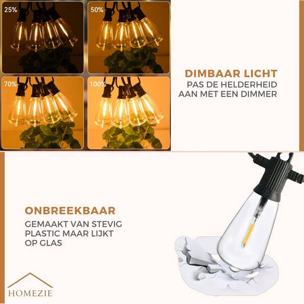 Homezie Lichtsnoer 15 meter met 25 grote LED bulbs Waterdicht Warm wit Koppelbaar & Dimbaar Lampjes slinger