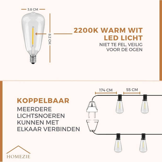 Homezie Lichtsnoer 15 meter met 25 grote LED bulbs Waterdicht Warm wit Koppelbaar & Dimbaar Lampjes slinger