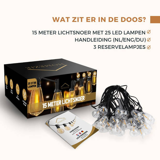 Homezie Lichtsnoer 15 meter met 25 grote LED bulbs Waterdicht Warm wit Koppelbaar & Dimbaar Lampjes slinger