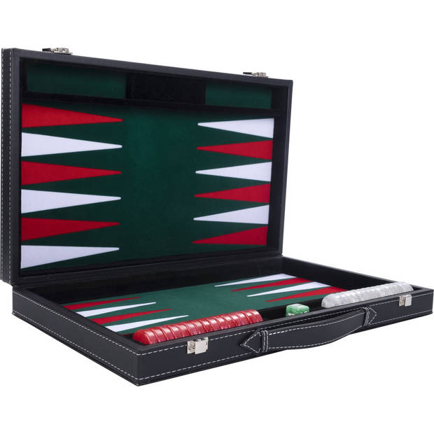 Backgammon Spel - 15 Inch - Groen, Rood & Wit - Ingelegd Vilt