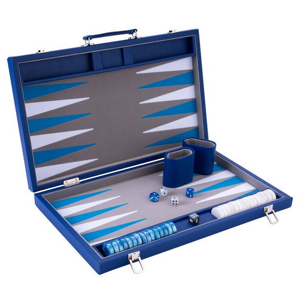 Backgammon Spel - 15 Inch - Grijs, Blauw & Wit - Ingelegd