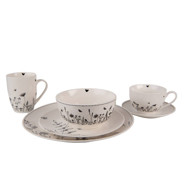 HAES DECO - Set van 4 Mokken - 12x8x10 cm / 300 ml - Porselein - Flora and Fauna