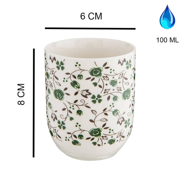 HAES DECO - Mokken set van 6 - Ø 6x8 cm / 100 ml - met Groene Bloemen - Mok