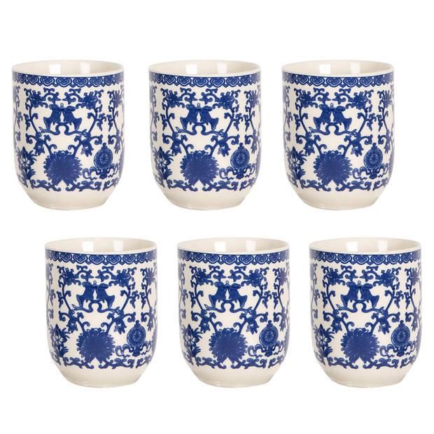 HAES DECO - Mokken set van 6 - Ø 6x8 cm / 100 ml - met Blauw Patroon - Mok