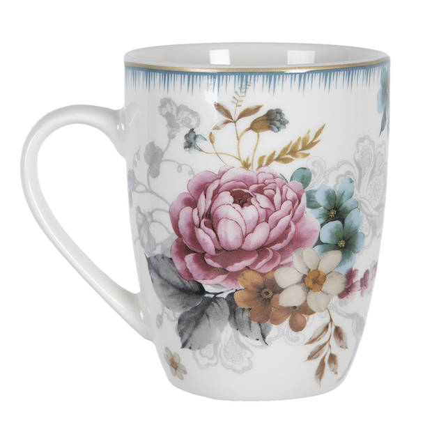 HAES DECO - Mokken set van 4 - 12x8x10 cm / 360 ml - met Bloemen - Pioenroos