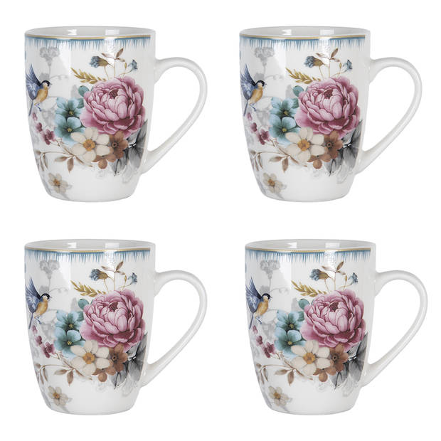 HAES DECO - Mokken set van 4 - 12x8x10 cm / 360 ml - met Bloemen - Pioenroos