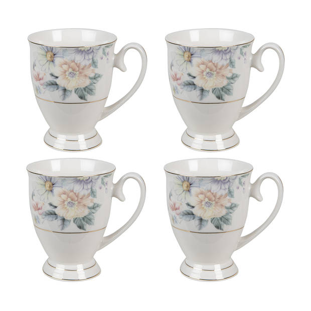 HAES DECO - Mokken set van 4 - 11x8x10 cm / 300 ml - met Bloemen - Flowers