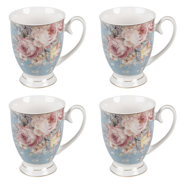 HAES DECO - Mokken set van 4 - 11x8x10 cm / 300 ml - met Bloemen - Peony Chique