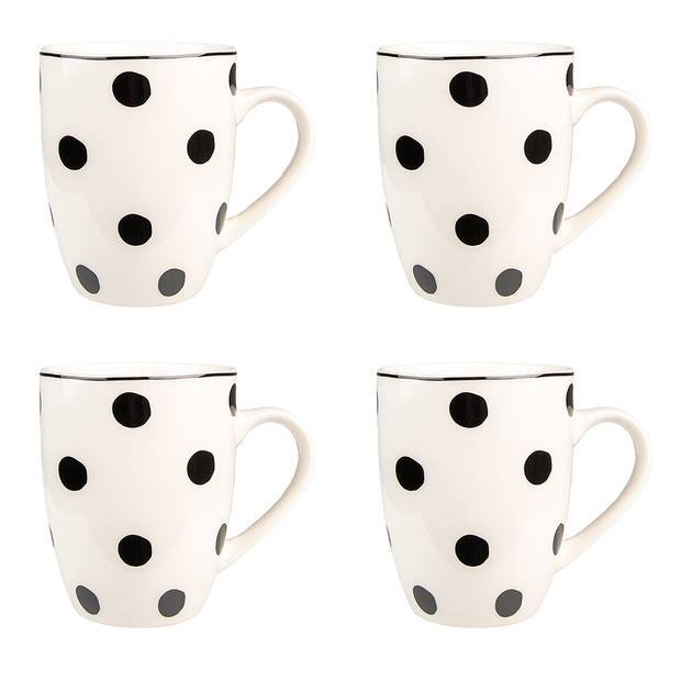 HAES DECO - Mokken set van 4 - 12x8x10 cm / 350 ml - met Zwarte Stippen - Big Dots